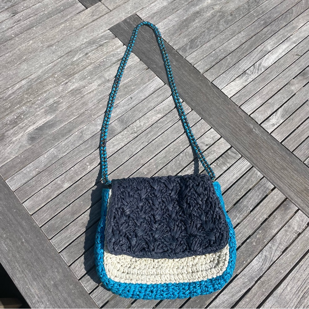 J Crew Colorblocked Raffia Crossbody Bag Blue